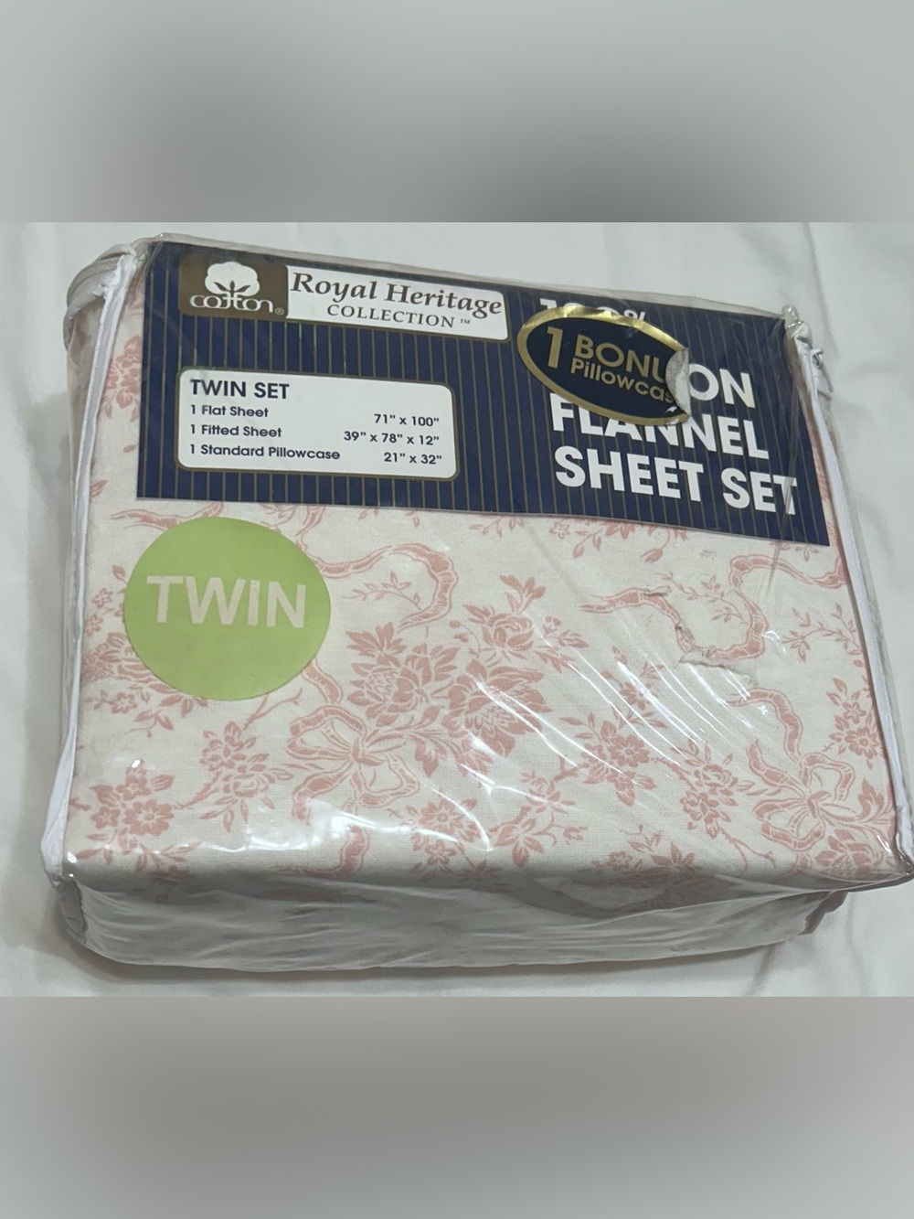 NEW Royal Heritage Collection Twin Flannel Cotton Sheet Set White/Pink Floral